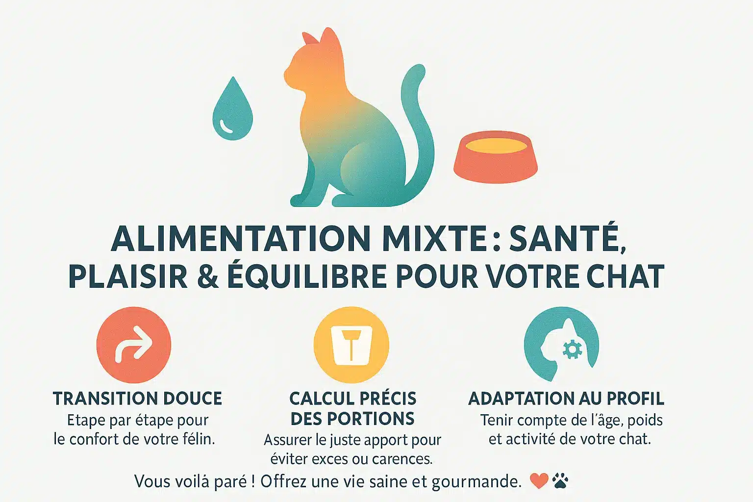 Illustration d'un chat mangeant une combinaison de croquettes et de pâtée