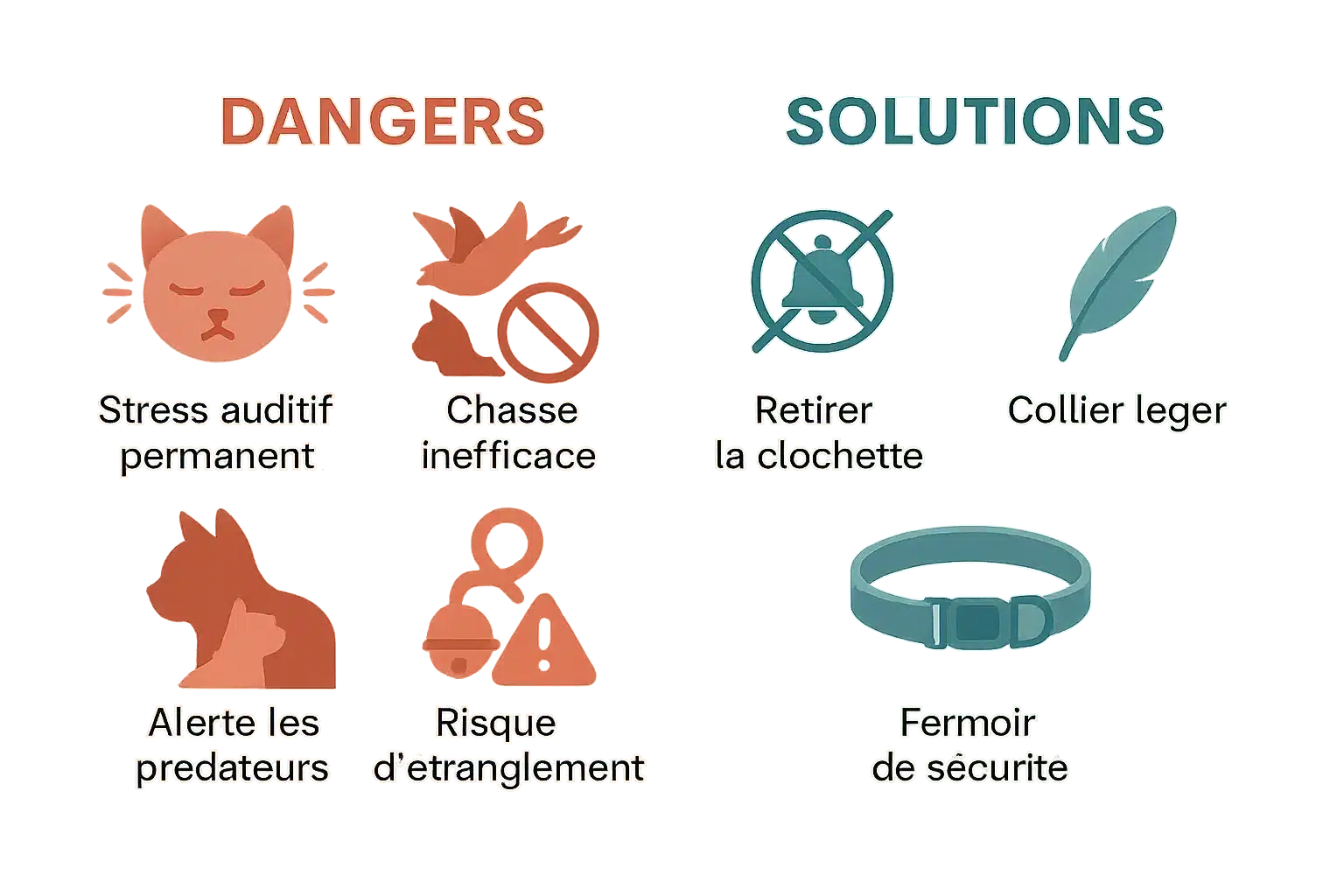 Illustration montrant un chat portant un collier à clochette avec des pictogrammes de dangers (oreille stressée, accrochage à une branche, stress)