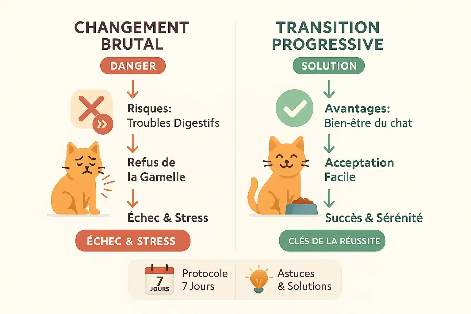 Comparaison d'une transition alimentaire brutale vs progressive chez le chat